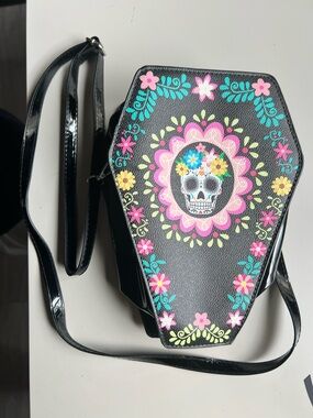 Black Floral Sugar Skull Coffin Crossbody Bag